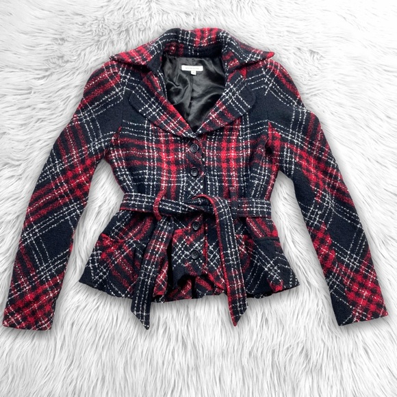Boston Proper Jackets & Blazers - Boston Proper Tweed Plaid Peplum Belted Jacket